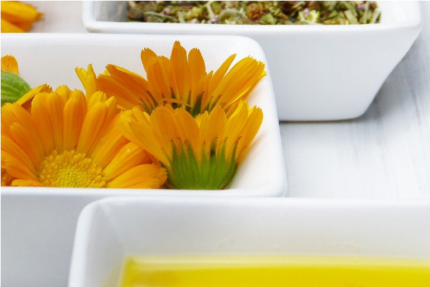 Ätherische Öle und Blumenblüten in kleinen Porzellanschalen