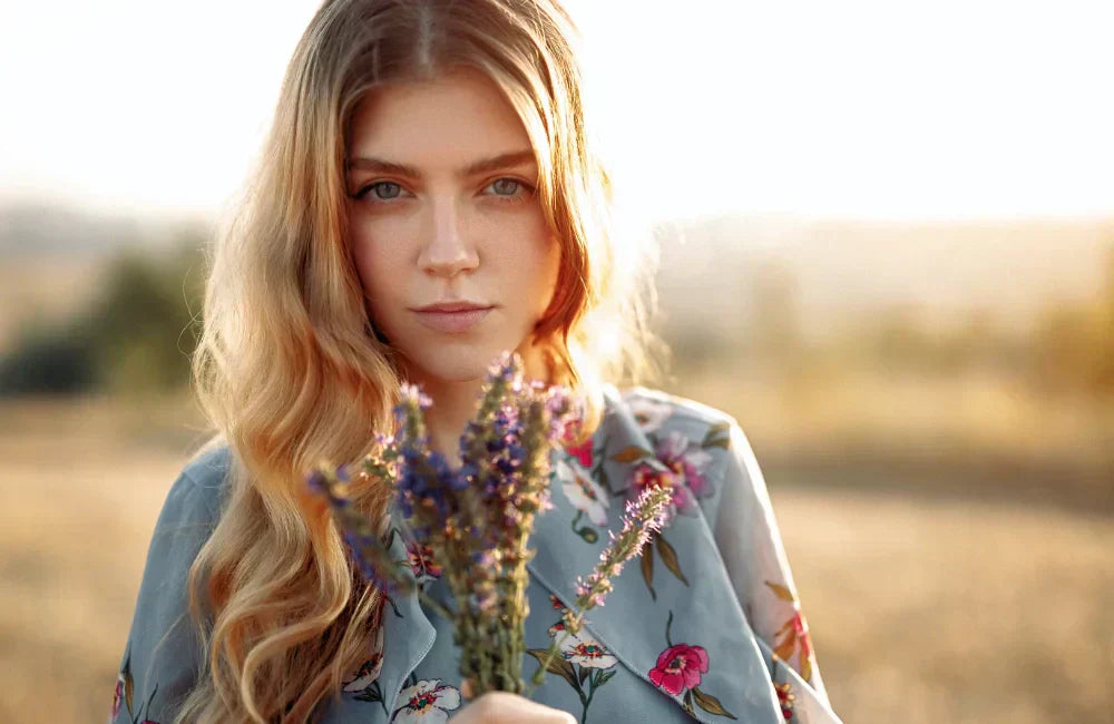 Junge Frau mit langen blonden Haaren in der natur bei schönem Sonnenschein blickt direkt in die Kamera