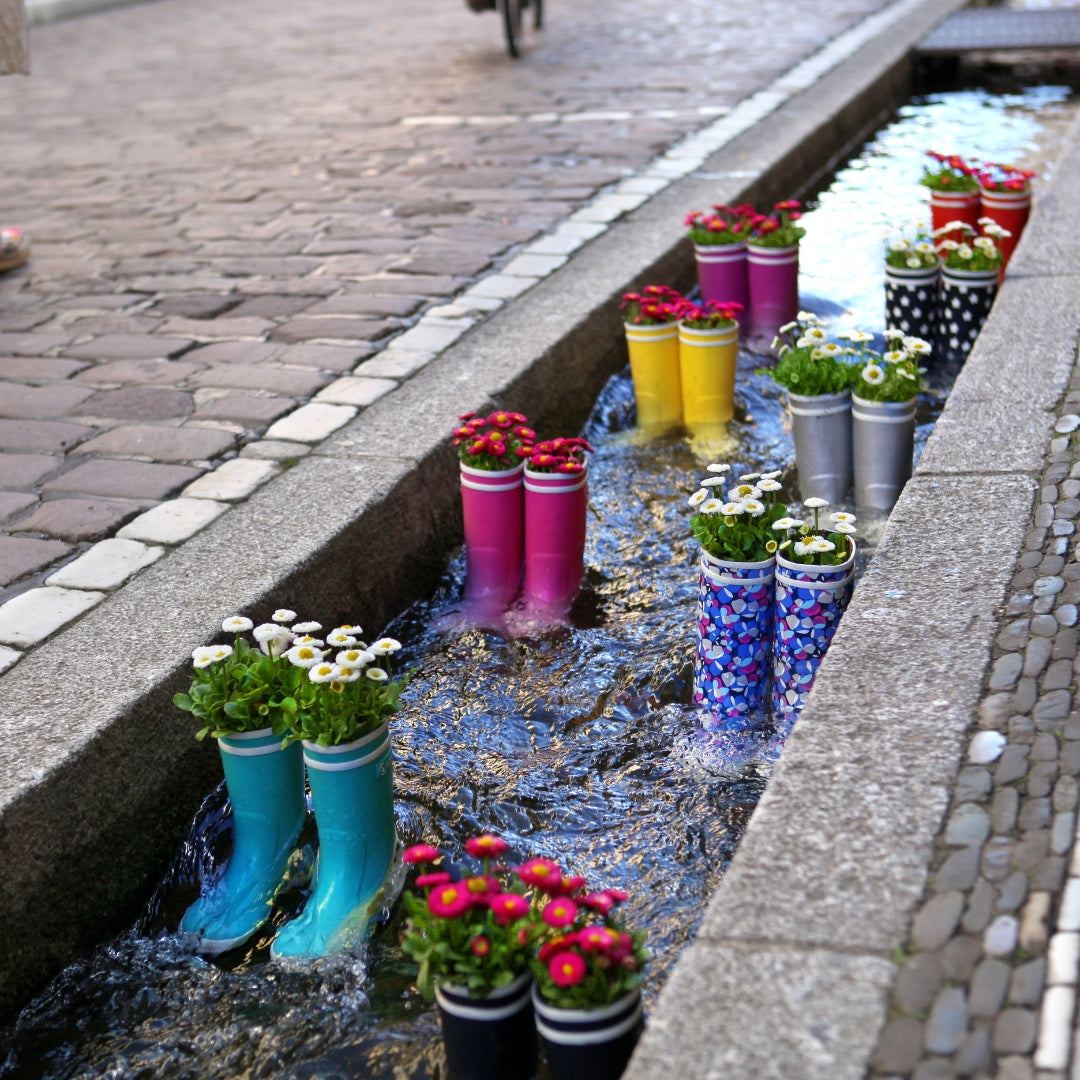 Freiburger Stadtkanal mit bunten Gummistiefeln und blühenden Pflanzen