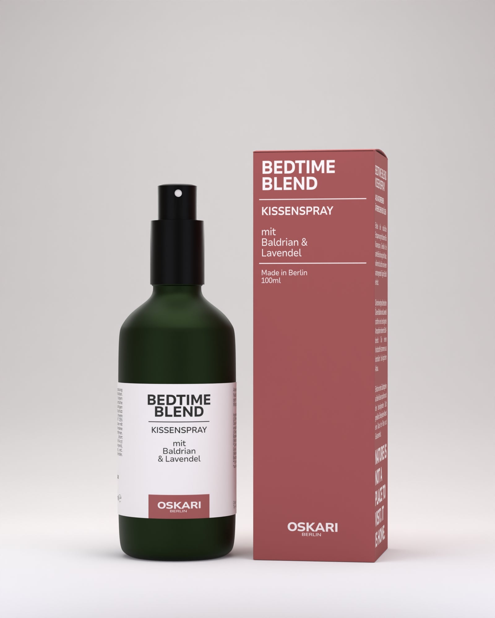 Kissenspray Bedtime Blend von Oskari mit Baldrian & Lavendel mit roter Schachtel