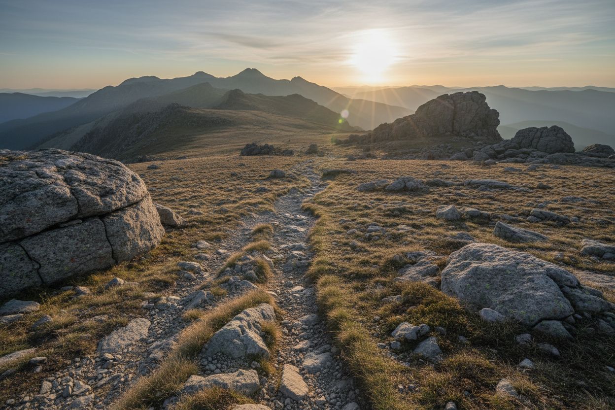 Ein steiniger Weg mit der aufgehenden Sonne am Horizont beschreibt den Duft von Goal Achiever