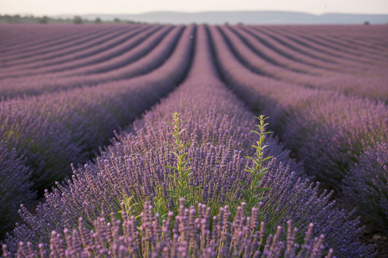 Ein großes Lavendeleld mit mediterranem sommerlichen Himmel