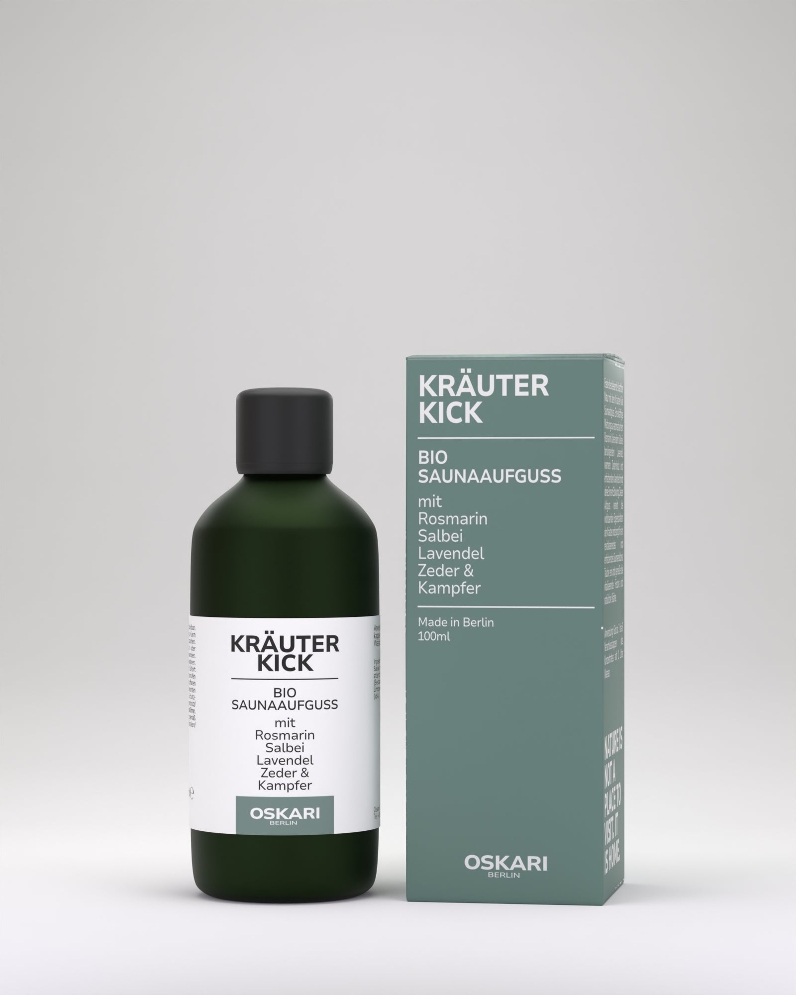 Bio Saunaaufguss Kräuter Kick von Oskari Flasche und Schachtel vor hellgrauen Hintergrund