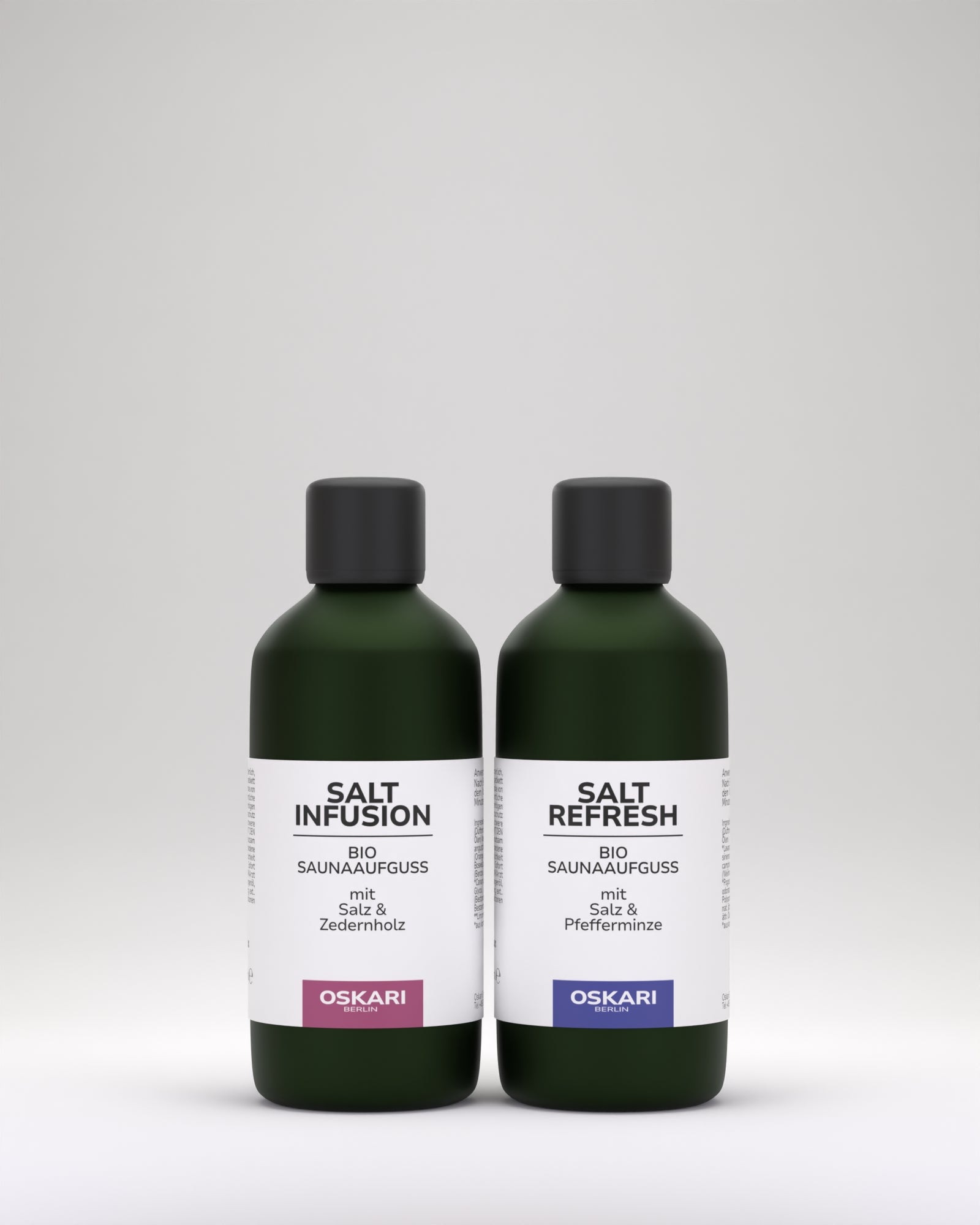 Saunaaufgüsse Salt Infusion und Salt Refresh in einer grünen Flasche als Bestandteil des Oskari Bio Saunaaufguss Set Edition Salt
