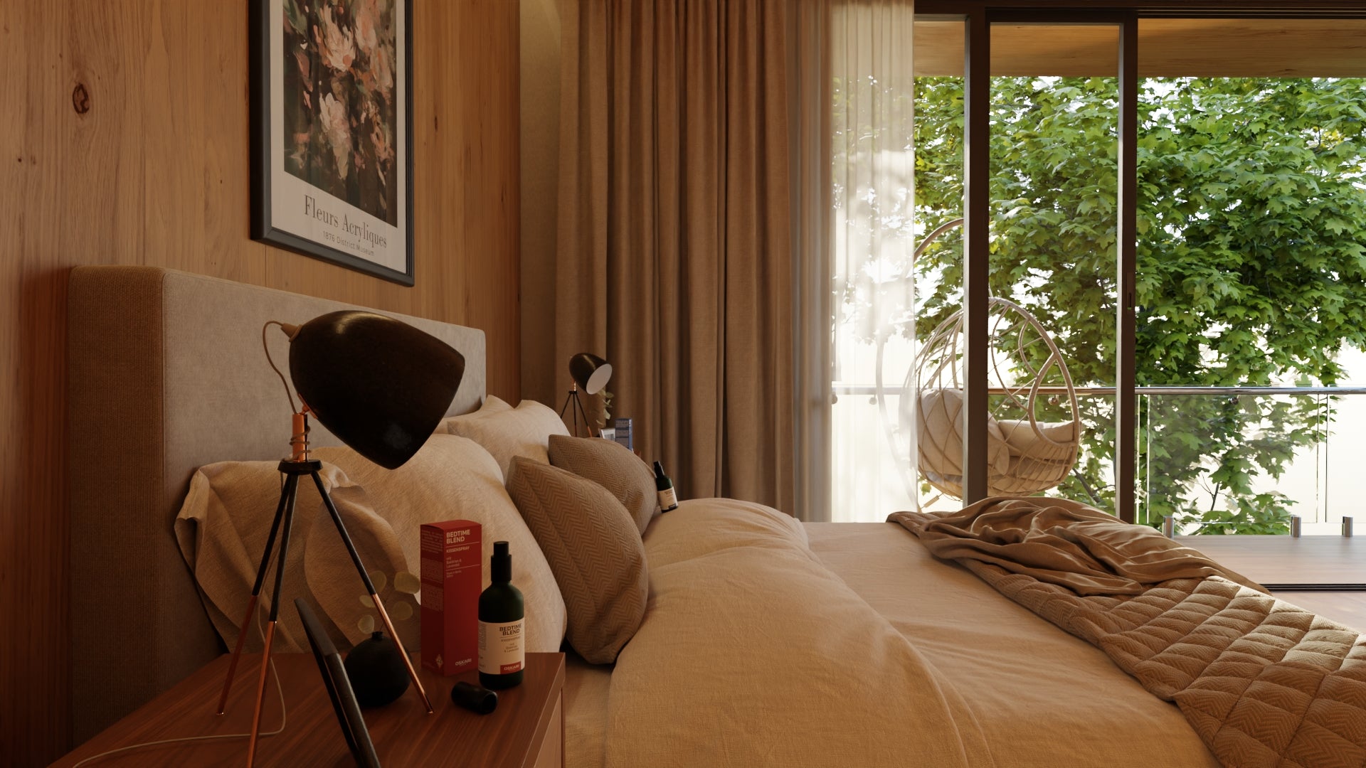 Modernes und elegantes Schlafzimmer mit Bett und Oskari Kissensprays im Vordergrund