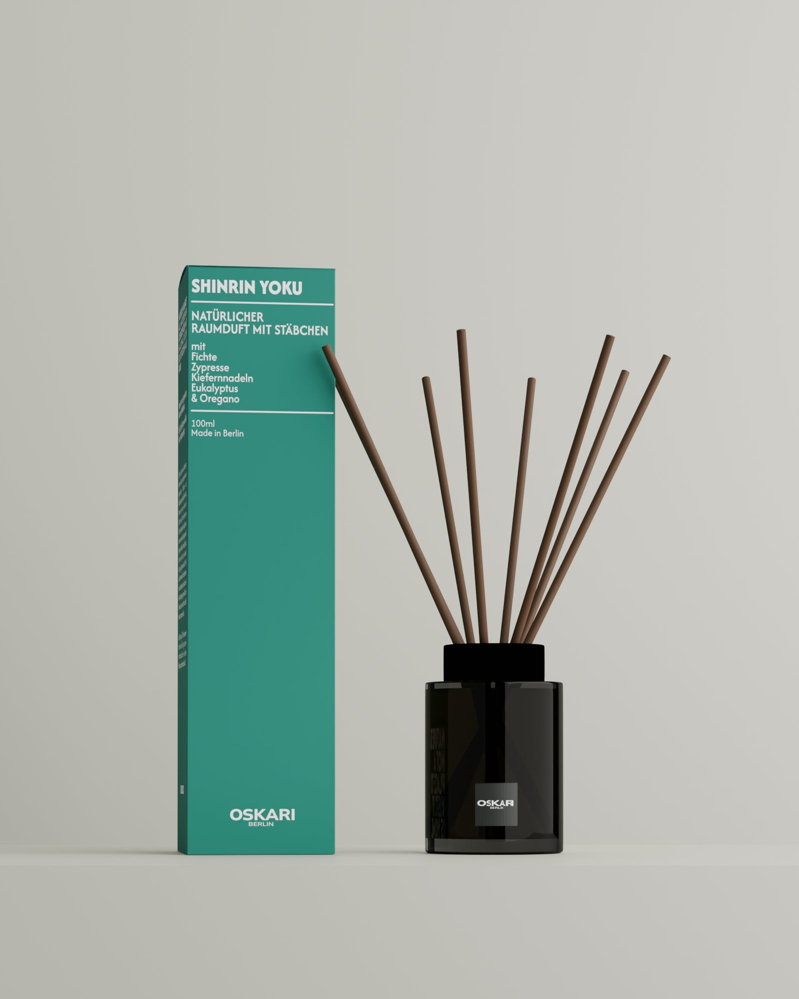 Der neue Oskari Raumduft mit Stäbchen mit grüner Schachtel undDuftstäbchen aus Papier