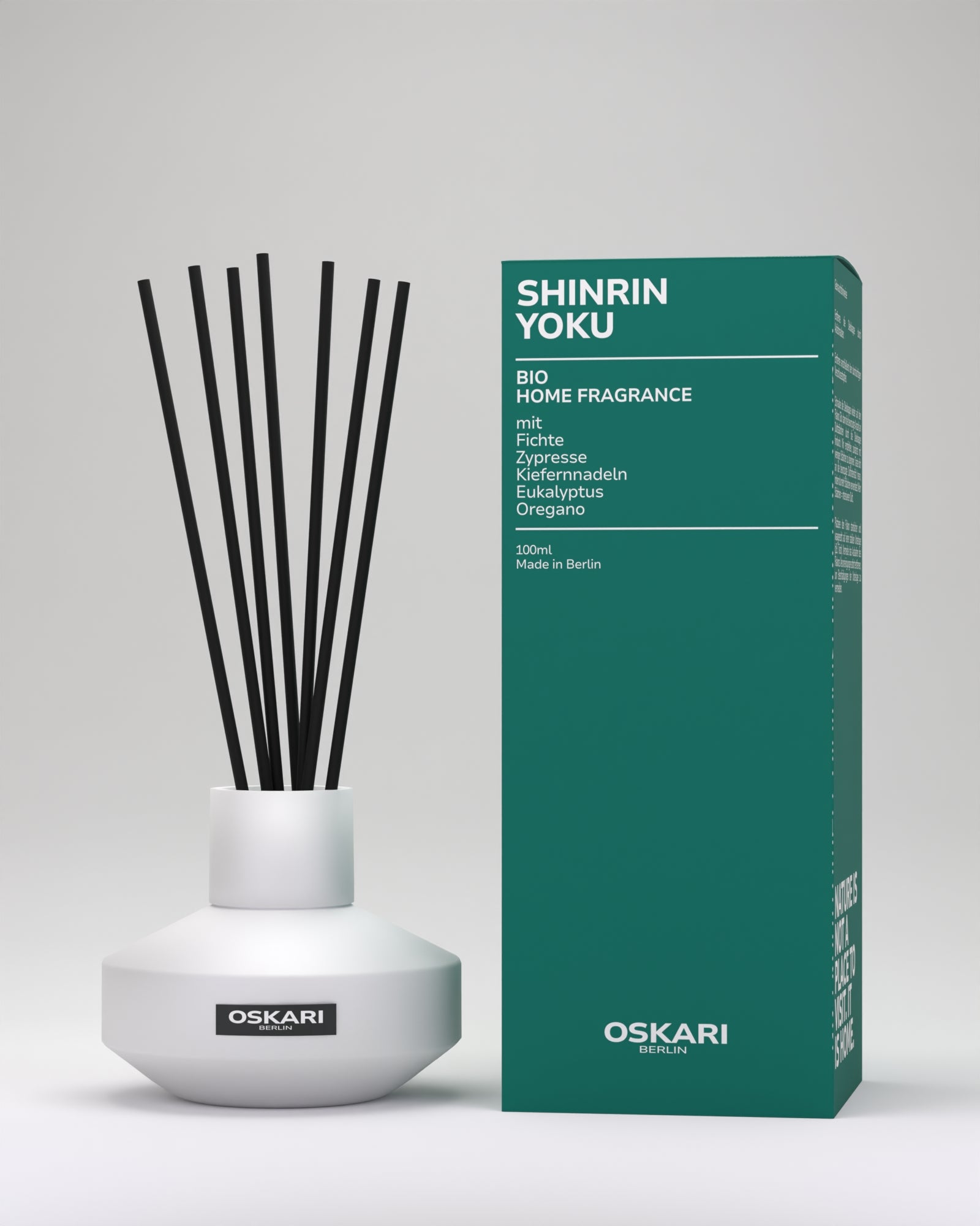 Shinrin Yoku Raumduft mit Stäbchen von Oskari in einem modernen Glasflakon und mit Schachtel