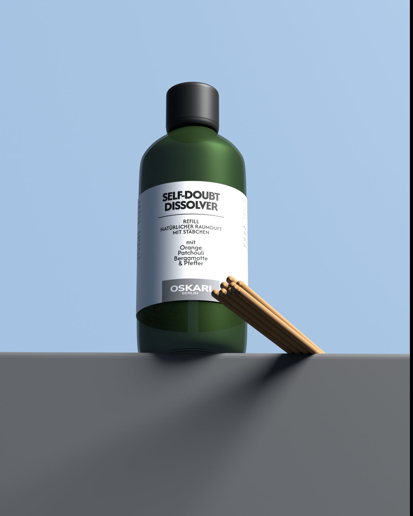Refill Raumduft mit Duftstäbchen Self-Doubt Dissolver in grüner Fasche mit acht Duftstäbchen aus Papier