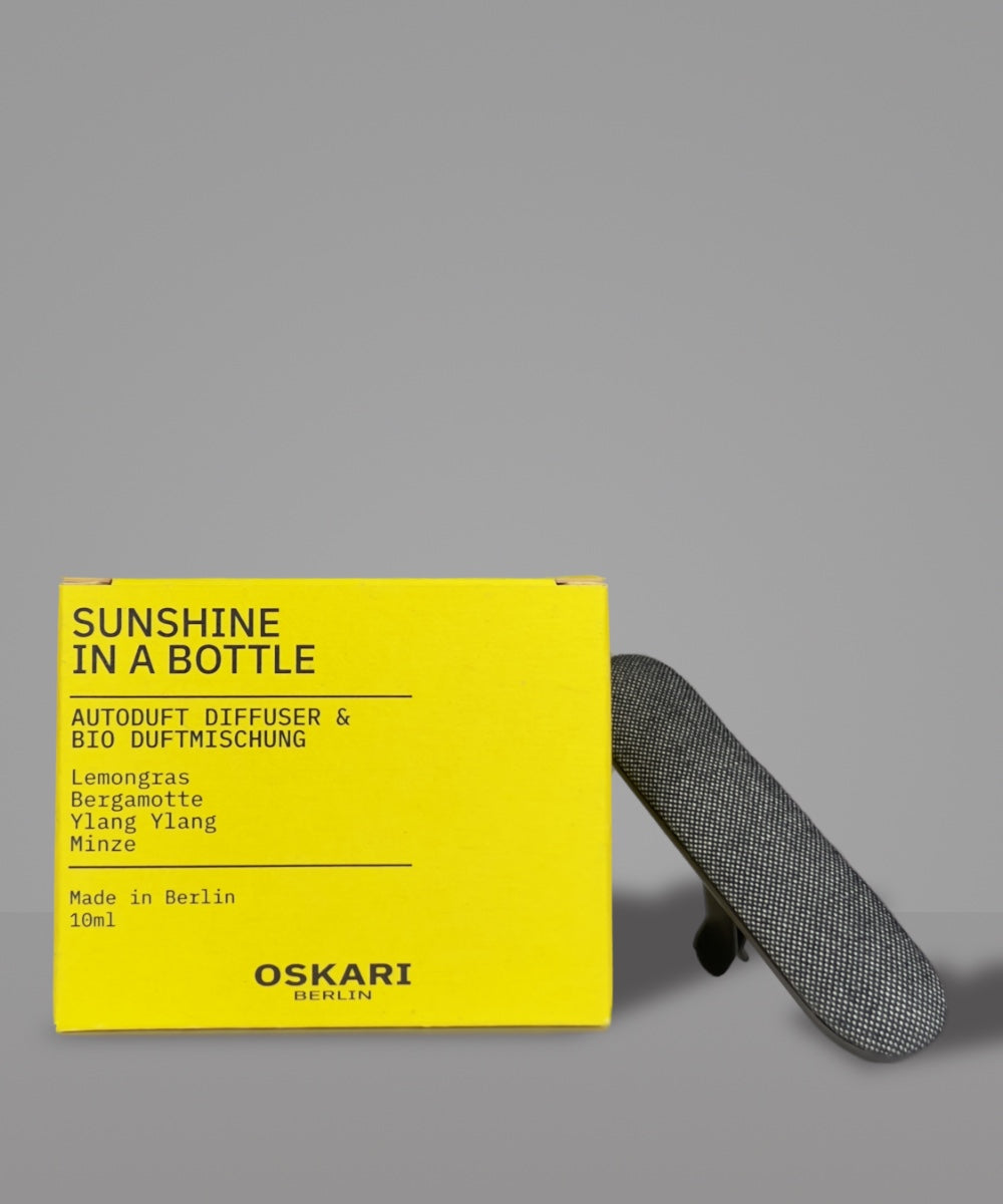 Natürlicher Autoduft und hochwertiger Aluminium Diffuser für die Lüftung von Oskari in der Duftrichtung Sunshine in a Bottle