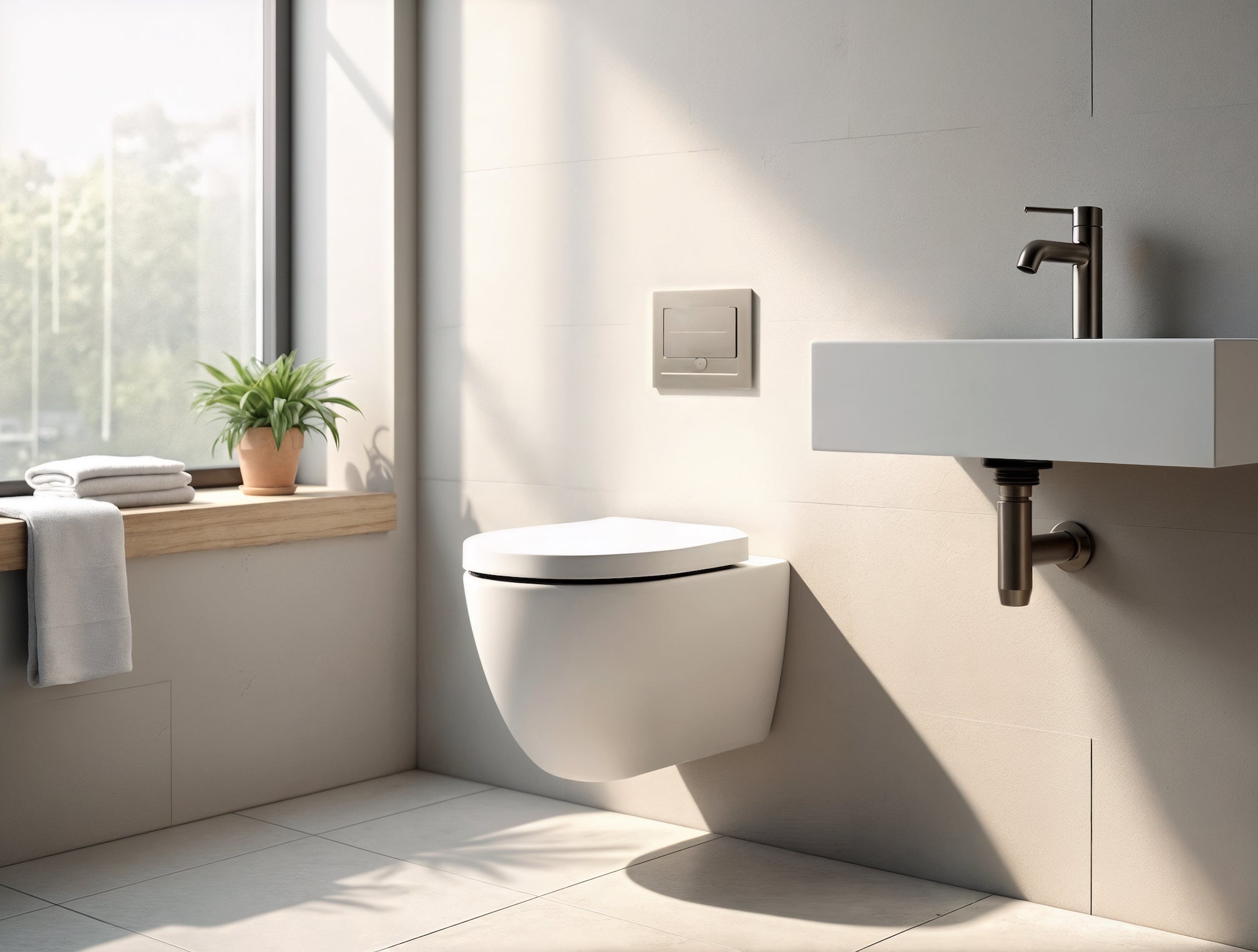 Ein minimalistisches modernes Badezimmer in warmen Sonnenlicht