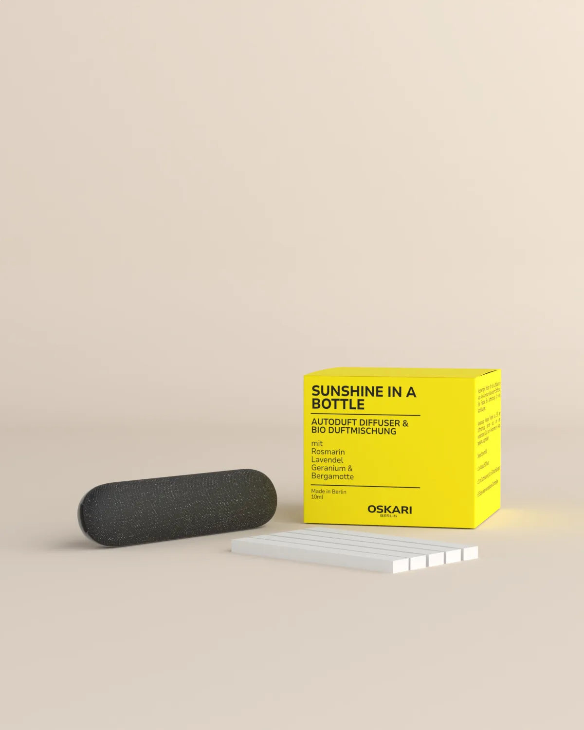 Bio Autoduft Set Sunshine in a Bottle mit Aluminium-Diffuser, Duftstäbchen und 10ml Bio Duftmischung von Oskari