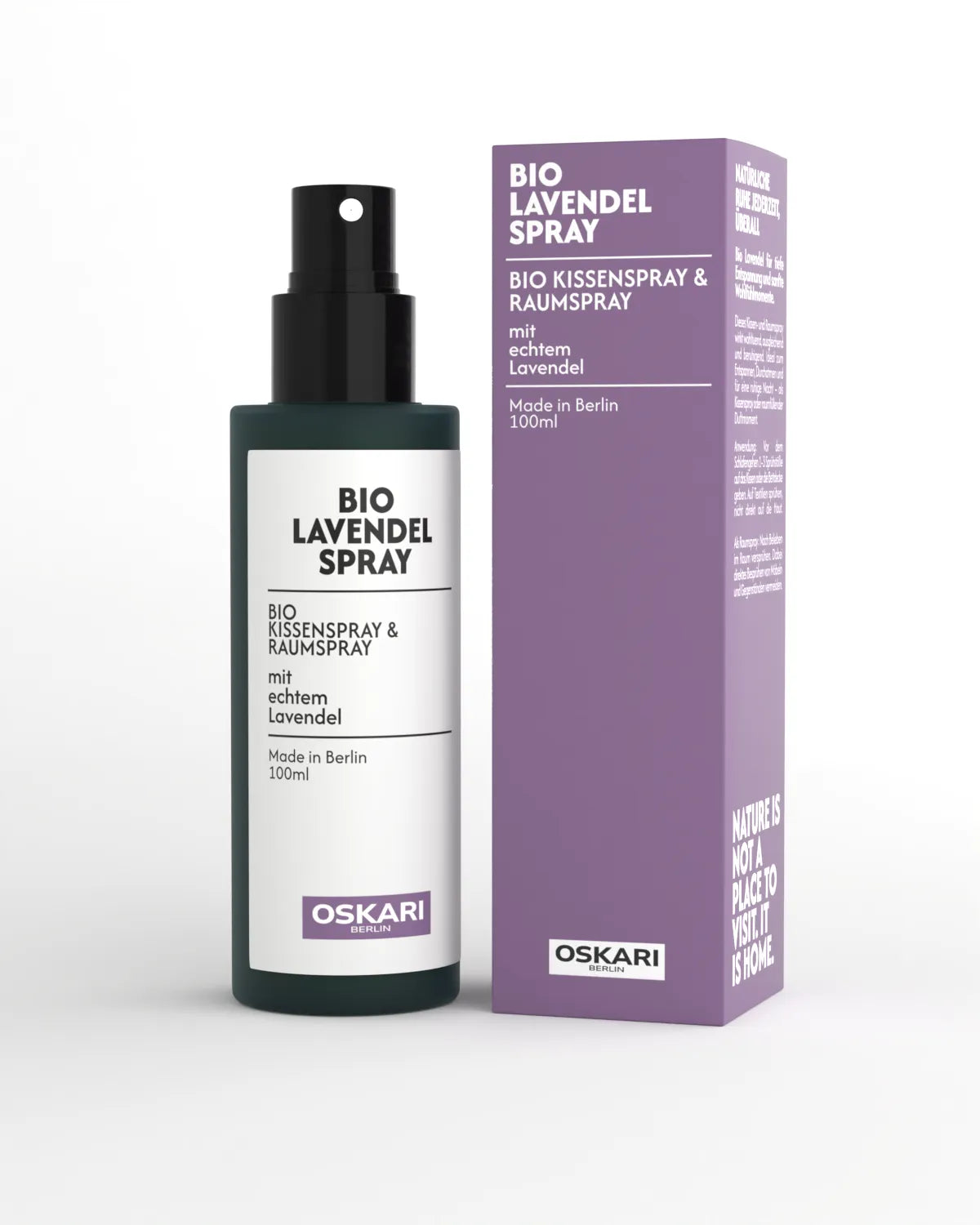 Bio Lavendelspray von Oskari in der grünen Sprühflasche