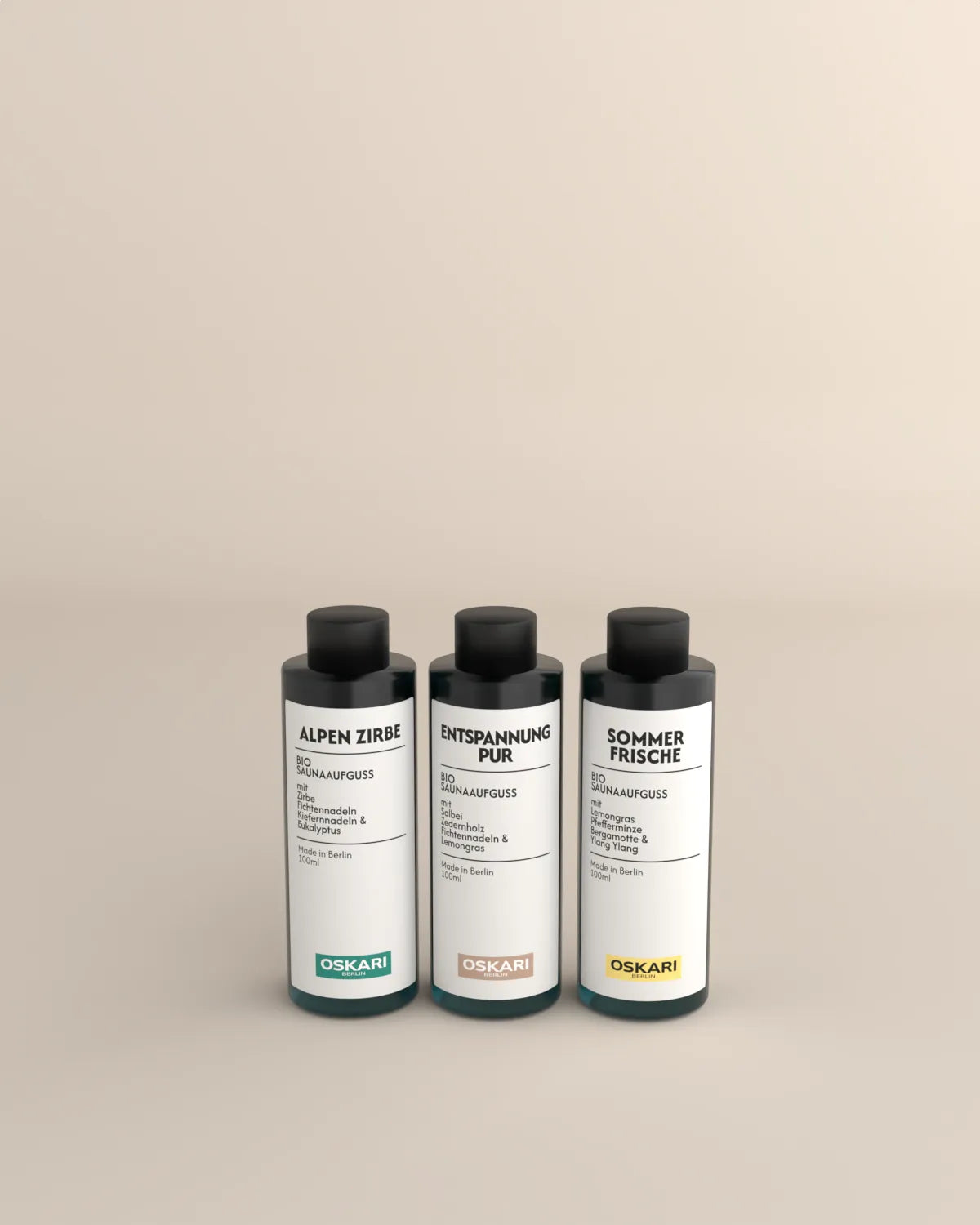 Die drei Bio Saunaaufgüsse Alpen Zirbe, Entspannung Pur und Sommerfrische aus dem Bundle Trio von Oskari