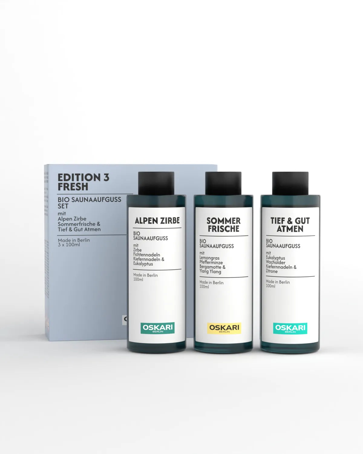 Oskari Sauna Bio Aufguss Set Edition 3 Fresh mit den natürlichen Saunaaufgüssen Alpen Zirbe, Sommerfrische und Tief & Gut Atmen