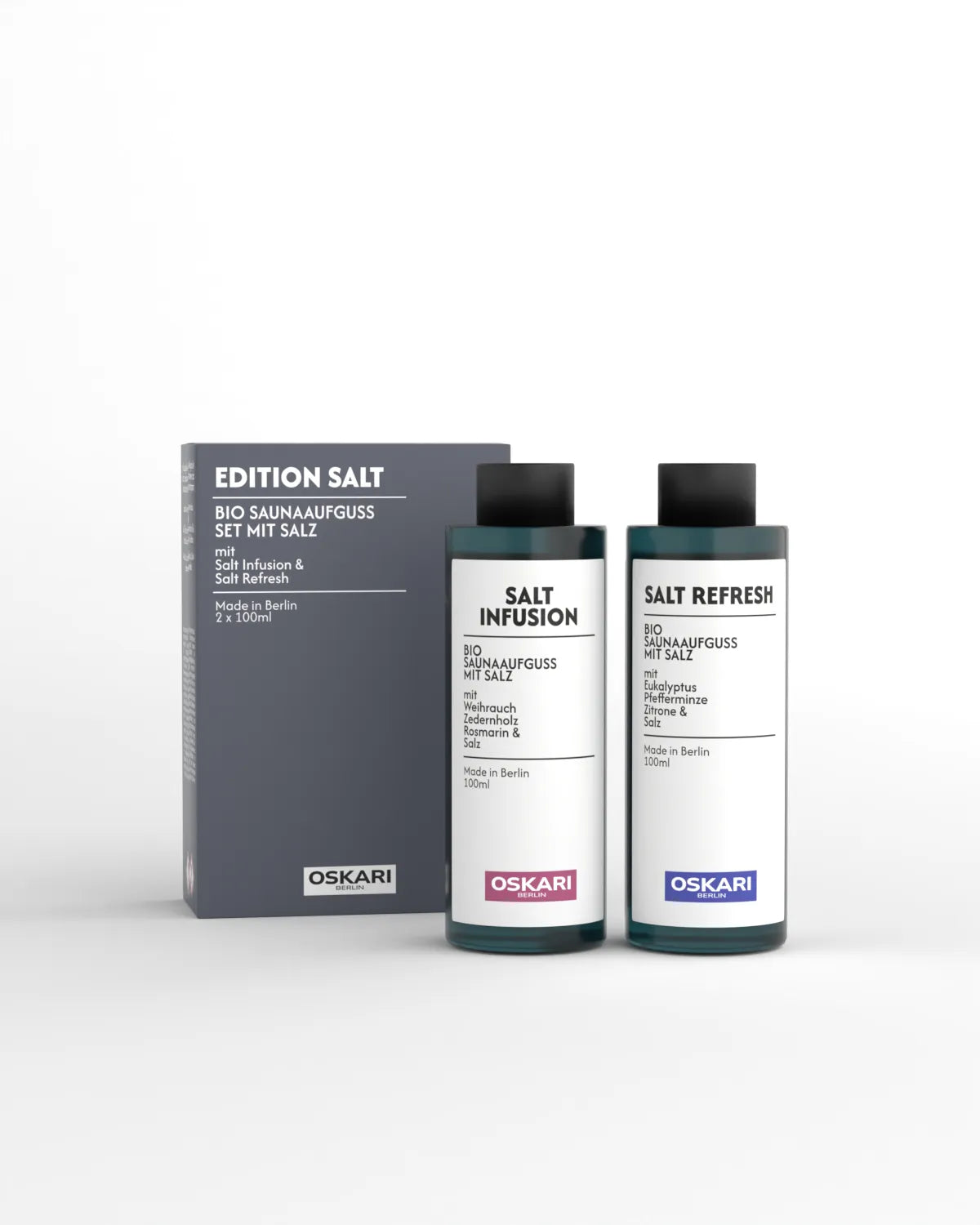 Oskari Bio Sauna Aufguss Set Edition Salt mit den beiden Saunaaufgüssen in einer grünen Flasche