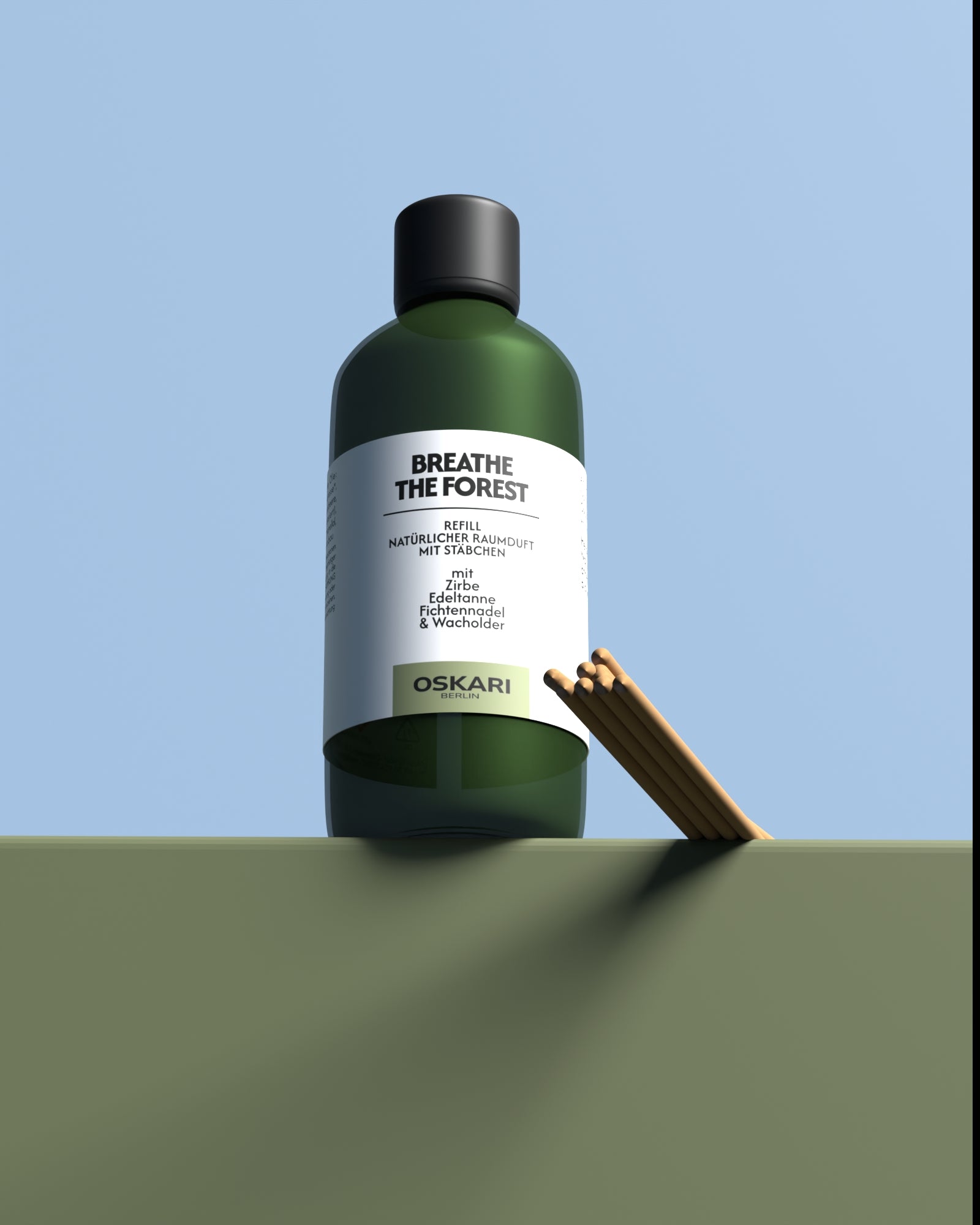 Nachfüllflasche und Duftstbchen für den Oskari Raumduft mit Stäbchen Breathe the Forest vor farbigem Hintergrund.