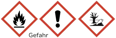 GHS-Symbole und Signalwort: Feuer, Achtung, Gewässer, Gefahr