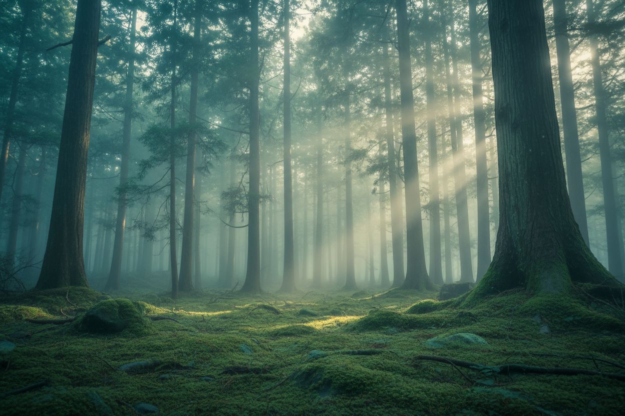 Ein in sanftes Sonnenlicht getauchter Wald mit Moosboden als emotionale Beschreibung des Duftes Shinrin Yoku