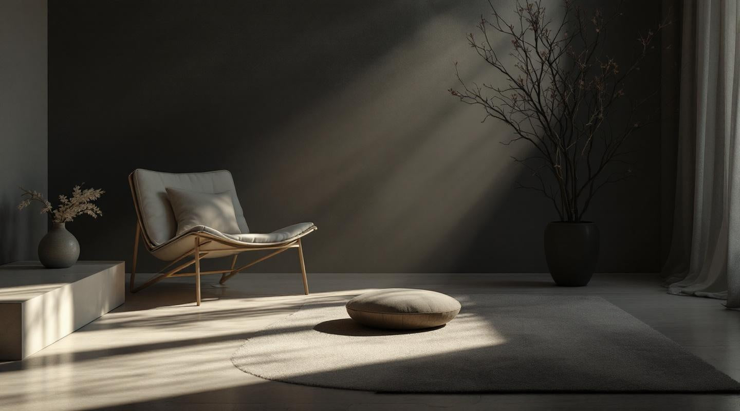 Ein minimalistischer Wohnraum in mediterranem Licht mit flanzen, Sessel und Sitzkissen