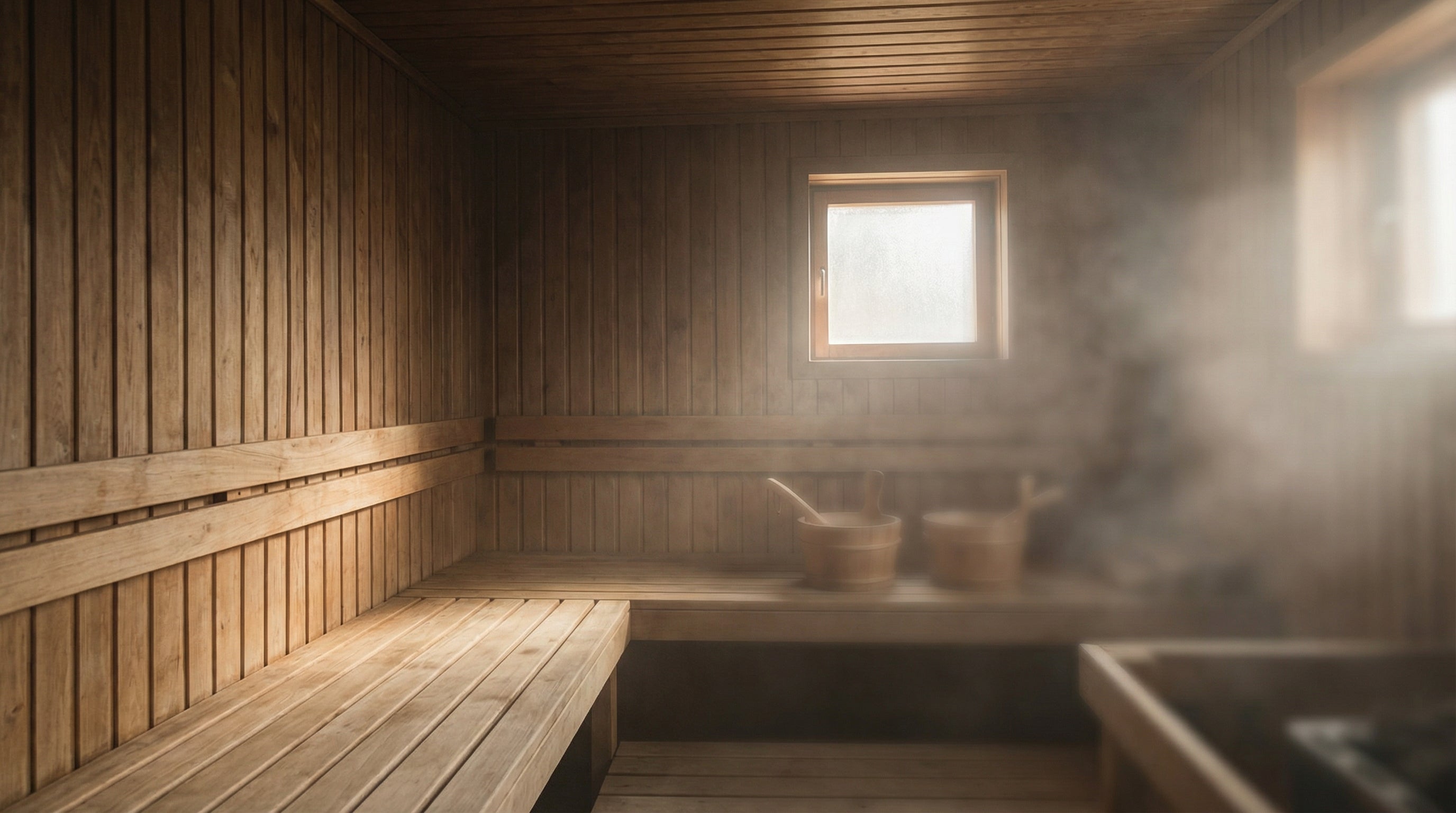 Eine große Sauna aus Holz mit Fenstern, Saunaeimern und viel Dampf aus einem Saunaofen