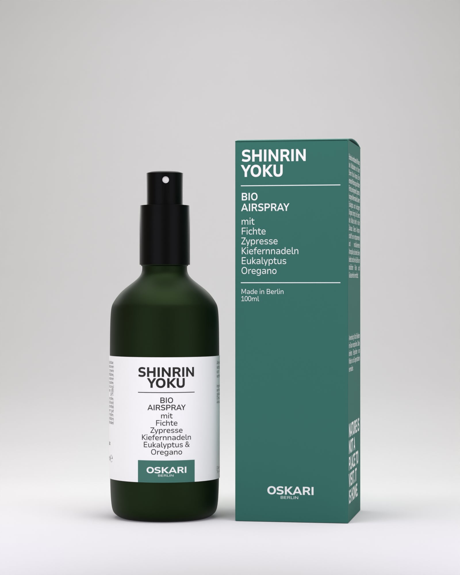 Bio Raumspray für Waldbaden zuhause Shinrin Yoku mit dunkelgründer Schachtel in grüner Flasche mit Sprühkopf