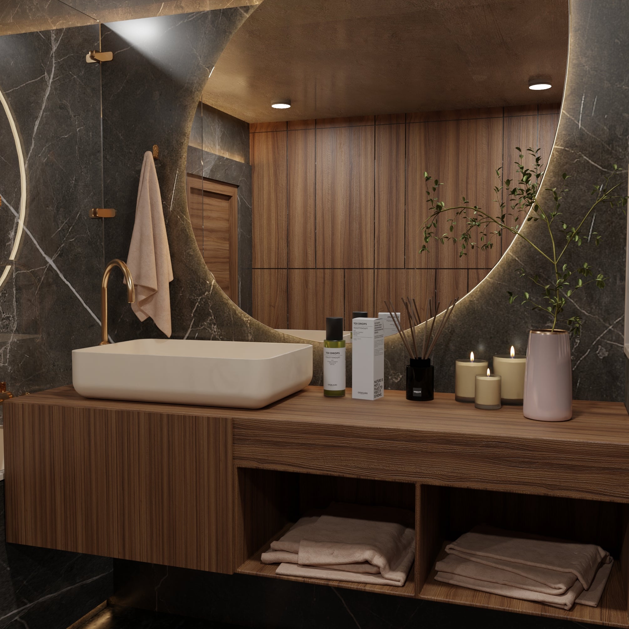 Oskari WC Duft und Geruchsstopp Toi Drops in einem modernen Bad mit Holzwaschtisch und Wandspiegel