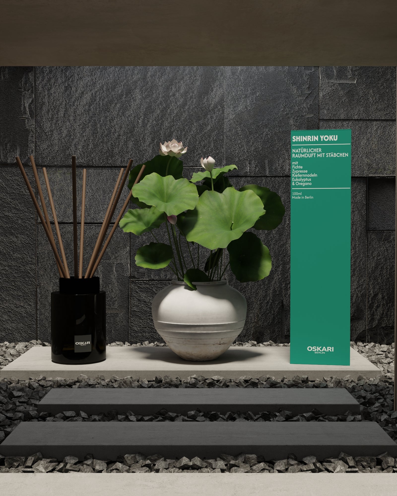Shinrin Yoku Raumduft mit Duftstäbchen von oskari neben einer japanischen Zimmerpflanze auf japanischen Steinplatten