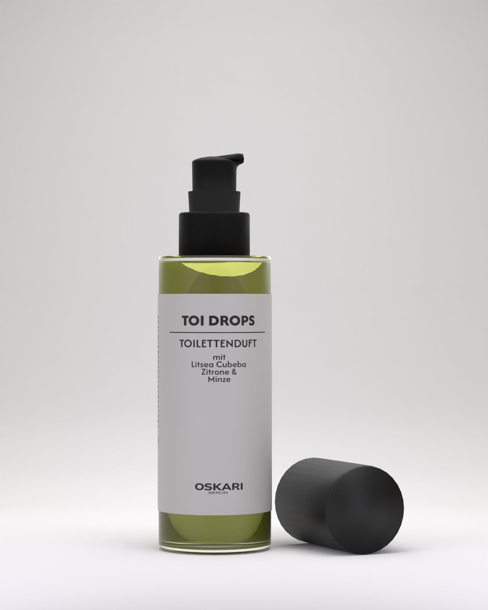 Pre-Poo WC-Duft Toi Drops Flasche mit abgenommen Deckel vor hellem Hintergrund