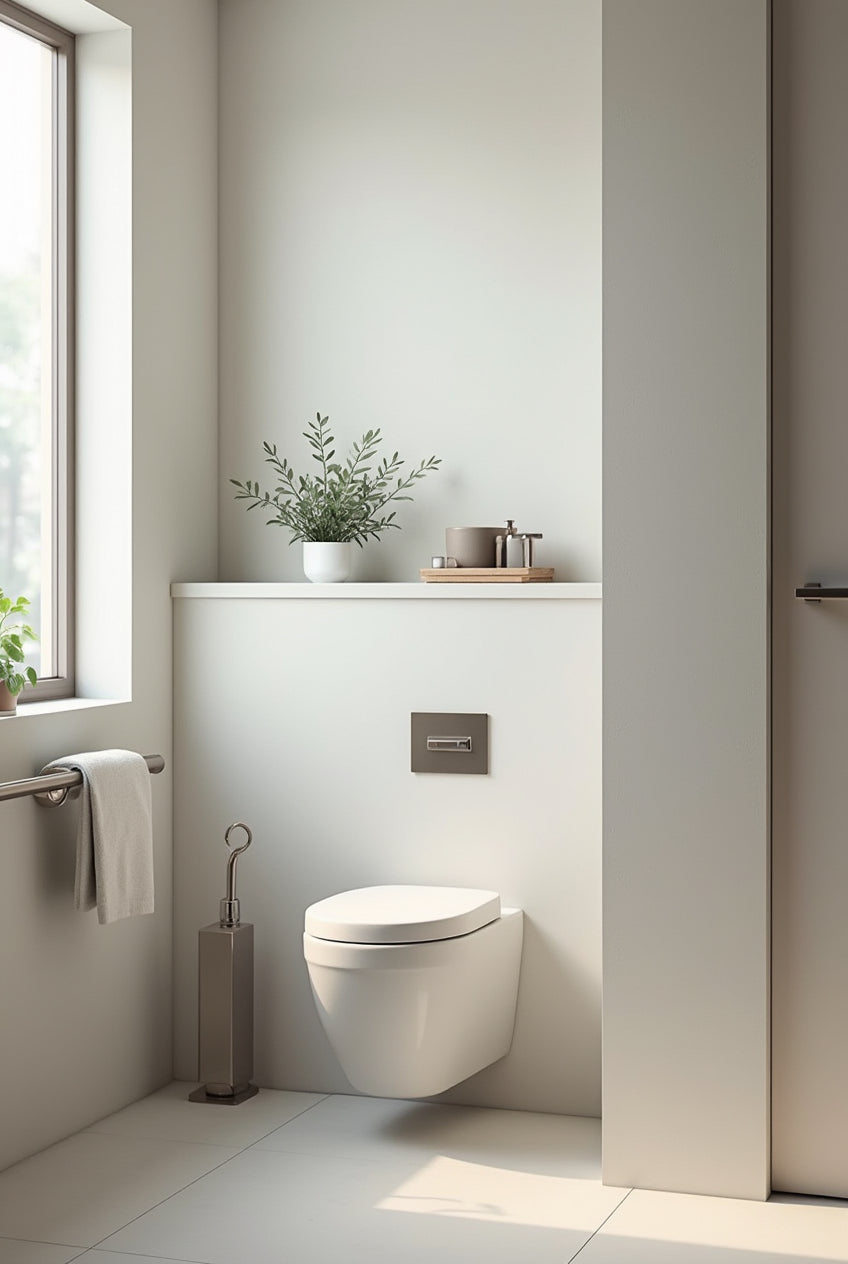 Modernes Bad und WC mit Grünpflanzen im Sonnenlicht