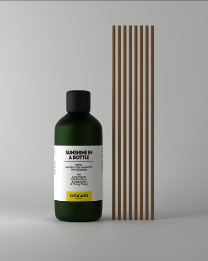 Raumduft Nachfüllset Sunshine in a Bottle mit 8 Duftstäbchen aus Papier in einer mattgrünen Flasche aus Glas