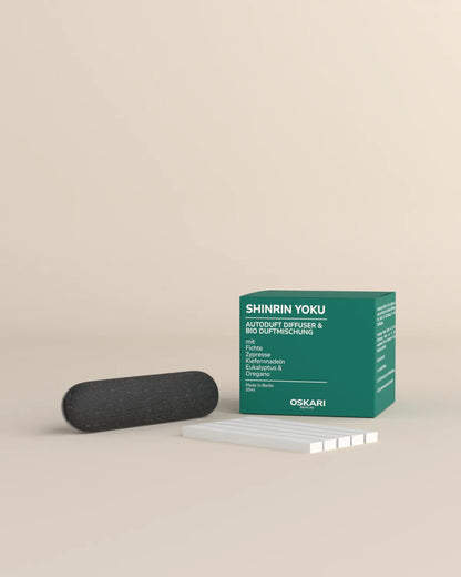Bio Autoduft Set Shinrin Yoku mit Aluminium-Diffuser, Duftstäbchen und 10ml Bio Duftmischung von Oskari