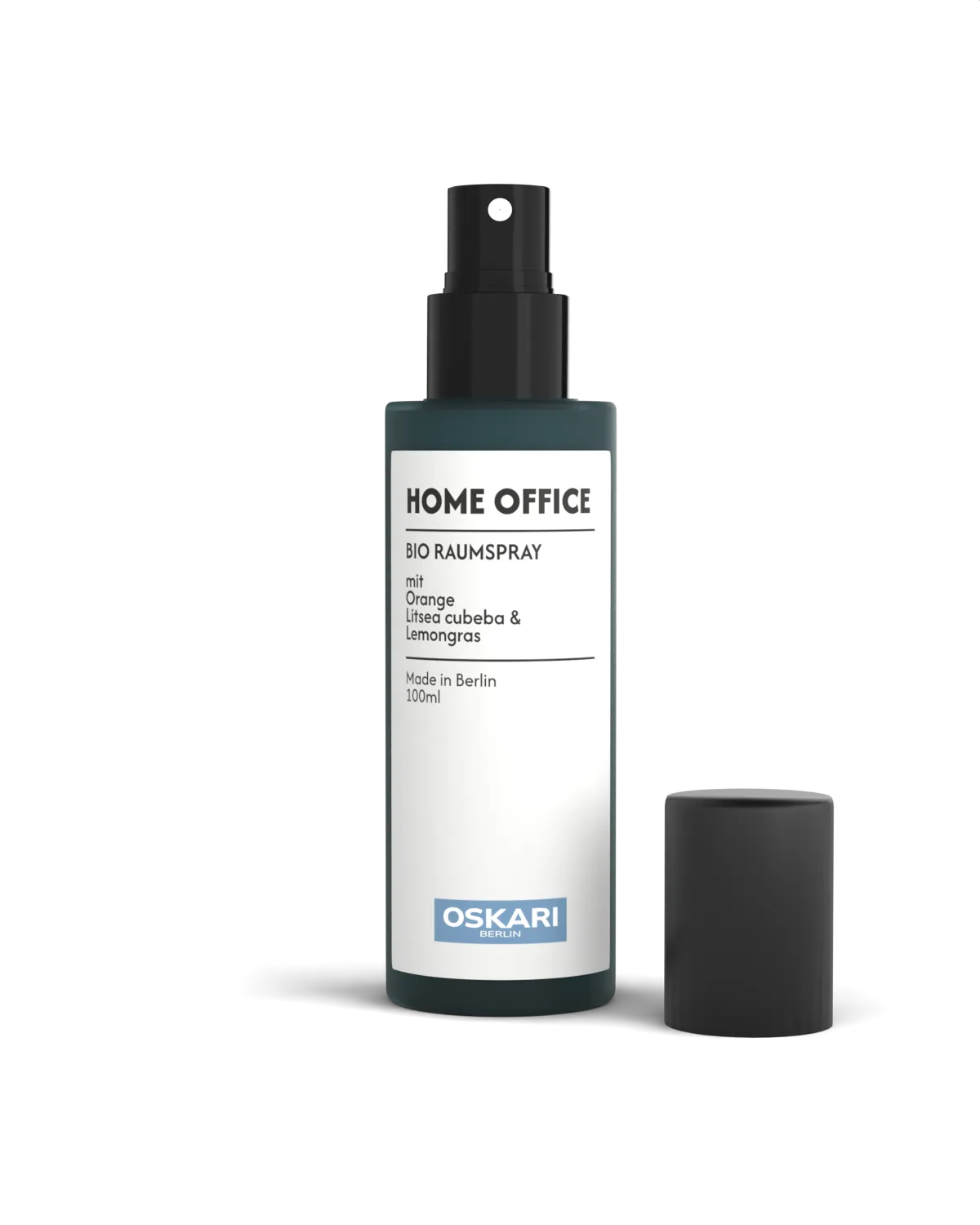 Das Bio Raumspray Home Office von Oskari in der Grünglasflasche.