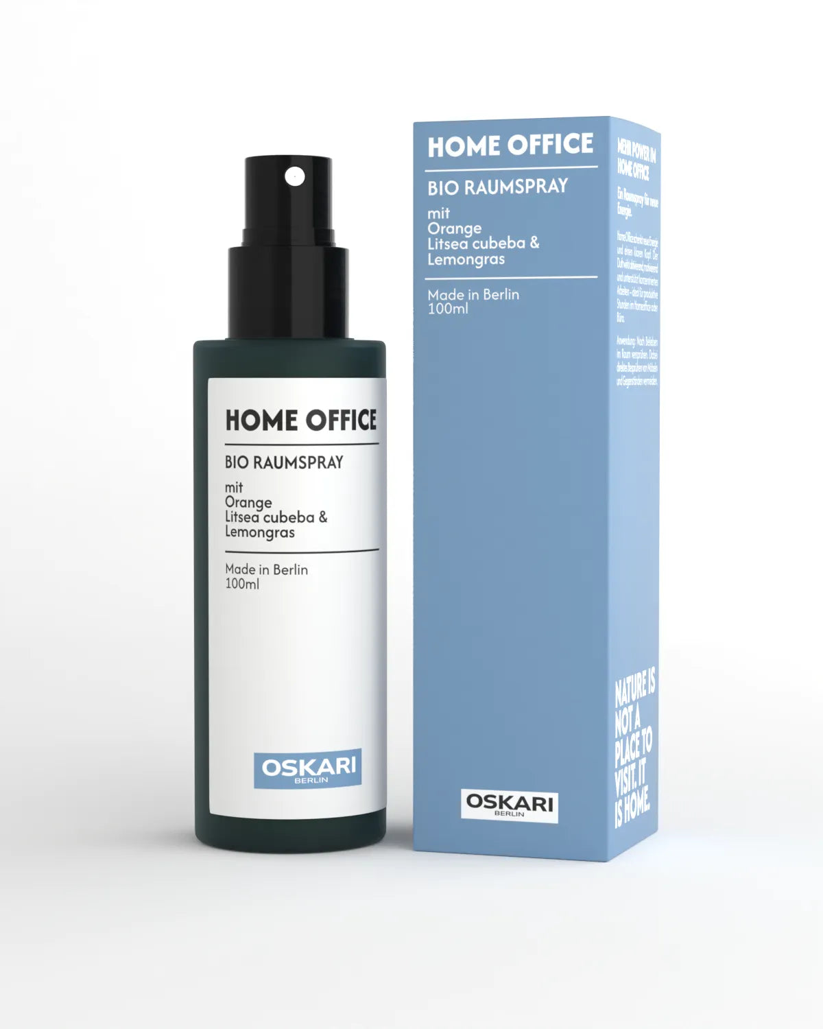 Bio Raumspray Home Office von Oskari in der Grünglasflasche neben der blauen Schachtel