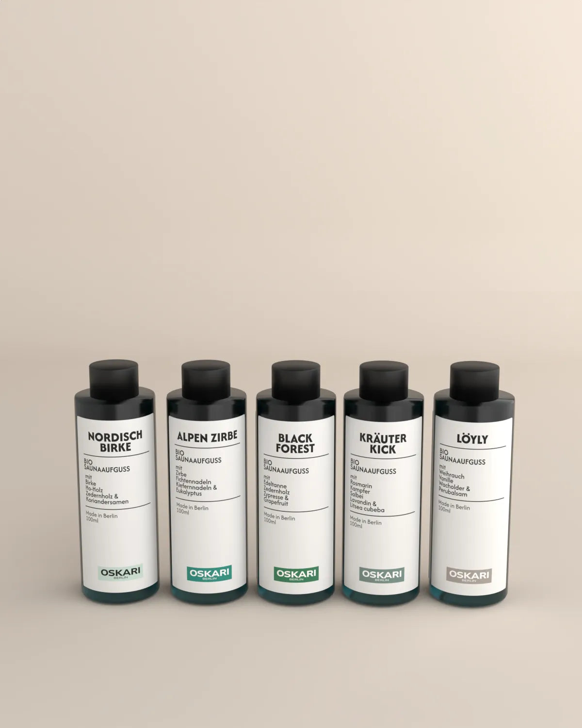 Die Oskari Bio Saunaaufgüsse Nordisch Birke, Alpen Zirbe, Black Forst, Kräuter  Kick und Löyly im Bundle Wald & Wildnis
