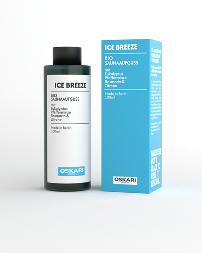 Bio Saunaaufguss Ice Breeze von Oskari mit dunkelgrüner Flasche und blauer Schachtel