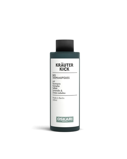 Bio Saunaaufguss Kräuter Kick von Oskari mit dunkelgrüner Flasche
