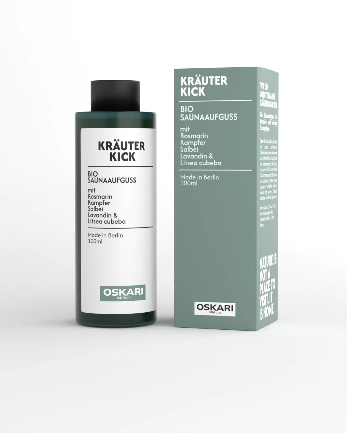 Bio Saunaaufguss Kräuter Kick von Oskari in der grünen Schachtel und Flasche