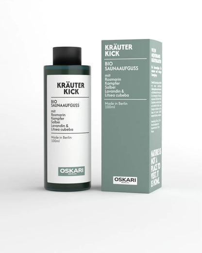 Bio Saunaaufguss Kräuter Kick von Oskari in der grünen Schachtel und Flasche
