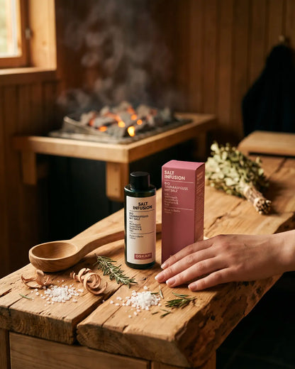 Bio Saunaaufguss mit Salz von Oskari Salt Infusion auf einer Holzbank mit Salz und Pflanzen