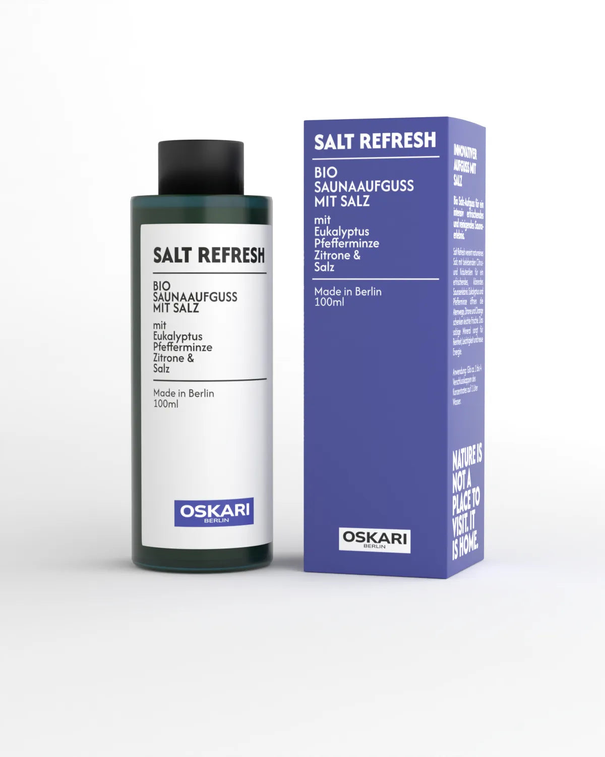 Bio Salzaufguss Salt Refresh von Oskari neben der intensiv blauen Schachtel