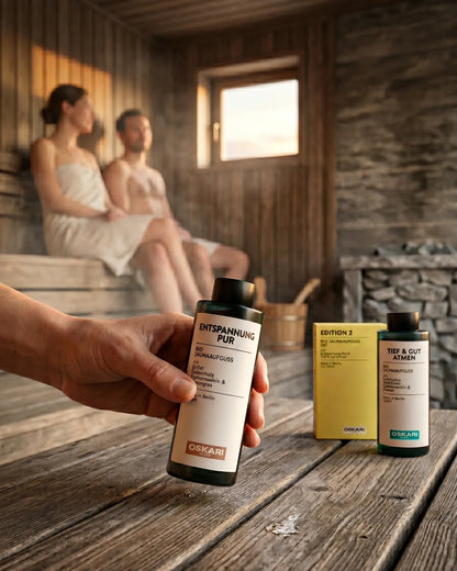 Ein junges Paar in einer hölzernen Sauna mit dem Bio Saunaaufguss Set Edition 2