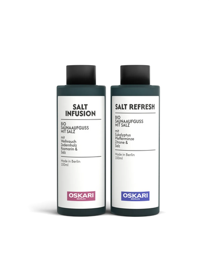 Saunaaufgüsse Salt Infusion und Salt Refresh in einer grünen Flasche als Bestandteil des Oskari Bio Saunaaufguss Set Edition Salt