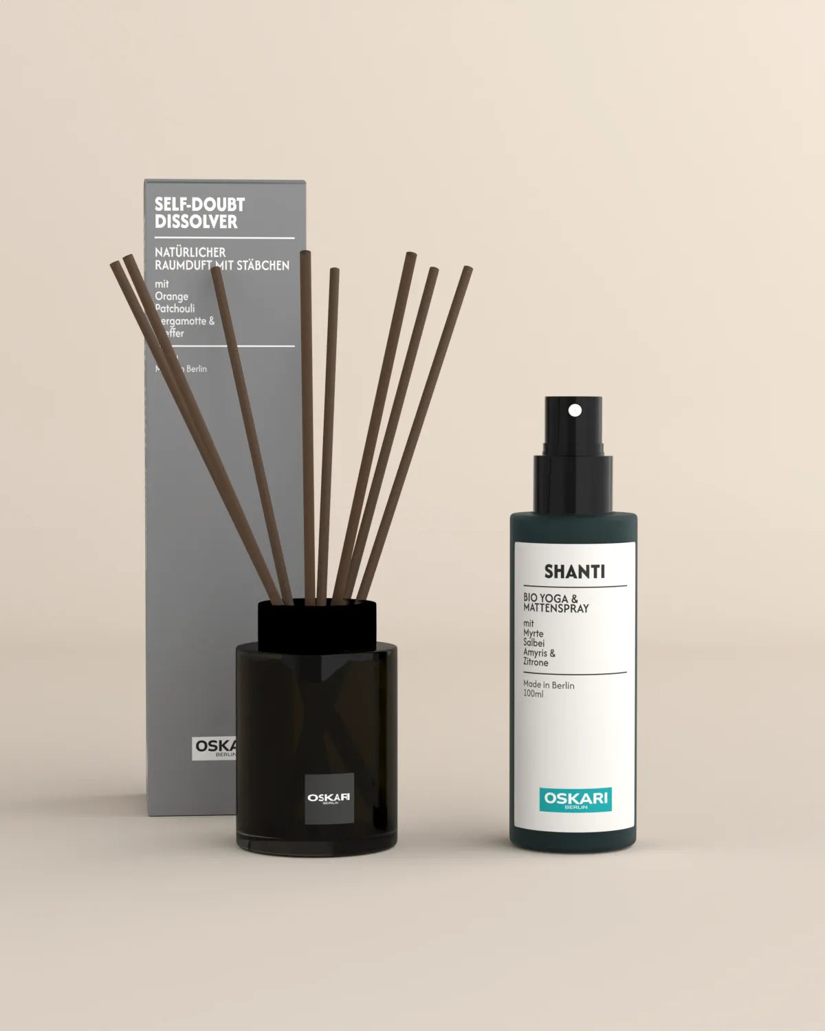Das Bundle Mindful Balance Vibe mit dem Raumduft Self-Doubt Dissolver und dem Bio Yogaspray Shanti von Oskari