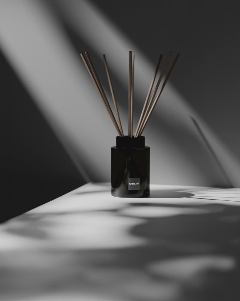 Der Oskari Raumduftflakon mit Duftstäbchen aus Papier vor einer hellen Wand mit vielen Schatten