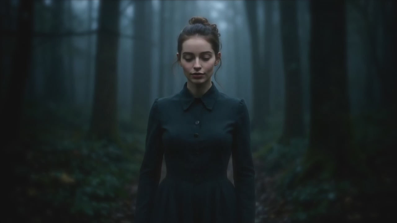 Video laden: Hanna von Oskari geht langsam durch einen Wald im winterlichen Dämmerlicht. Dabei blickt sie zunächst verträumt gen Himmel und dann lächelnd direkt in die Kamera.